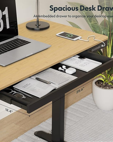 FLEXISPOT Comhar Electric Standing Desk with Drawer Desktop & Adjustable Frame w/USB Charge Ports (Bamboo-Look Laminate/Black, Wood)