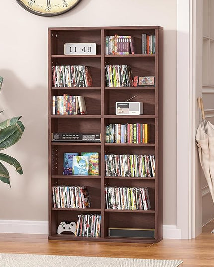 LELELINKY 7 Tier Tall Display Cabinet, Walnut Media Storage Cabinet with Adjustable Shelves, Free Standing DVD Organizer Shelf, Floor Multimedia Storage Manga Bookshelf for Living Room & Home Office.