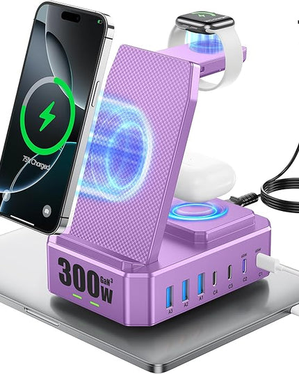 300W Charging Station for Multiple Devices Apple, Zutspzss 10 in 1 Wireless Charger for iPhone 16, GaN III USB C 65W PD Fast Charging Stand Dock for MacBook, Apple Watch&Airpods,Purple