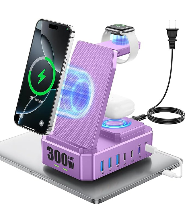 300W Charging Station for Multiple Devices Apple, Zutspzss 10 in 1 Wireless Charger for iPhone 16, GaN III USB C 65W PD Fast Charging Stand Dock for MacBook, Apple Watch&Airpods,Purple