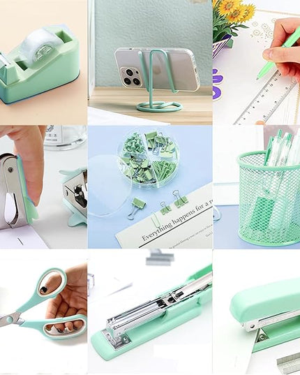 Green Office Supplies, Green Desk Accessories, Stapler, Staple Remover, Tape Holder, Pen Holder, Ballpoint Pen, Scissor, Binder Clips, 1000pcs Staples, Phone Holder, Ruler, Transparent Glue and Notes