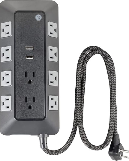 GE UltraPro Adapt 10-Outlet Surge Protector with USB Ports, 2 USB-A Ports, 2.4A, 12W, 4ft Braided Cord Power Strip Surge Protector, 3540 Joules, Black, 73775