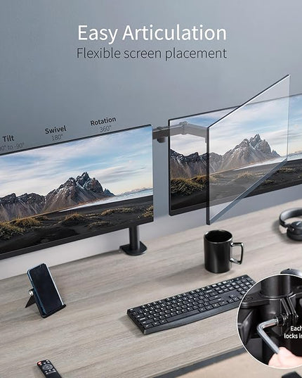 VIVO Dual Monitor Desk Mount, Holds 2 Computer Screens up to 30 inches and 22lbs Each, Heavy Duty Fully Adjustable Steel Stand with C-Clamp and Grommet, Black, STAND-V002