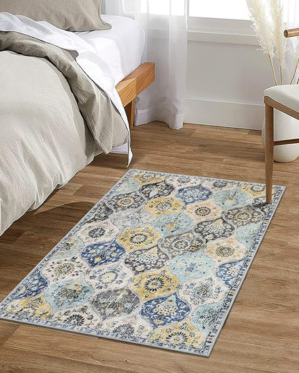 Lahome Moroccan Trellis Kitchen Rugs Non Slip Washable, 2x3 Rugs for Entryway Bathroom, Non-Slip Indoor Door Mat Ultra-Thin, Small Oriental Throw Carpet for Bedroom Entry, Yellow/Aqua