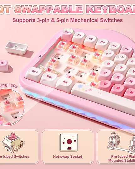 YUNZII C75 Wireless Mechanical Keyboard,75% Layout, Hot-Swappable NKRO,BT5.0/2.4G/USB-C Mode,Dye-Sub PBT MOA Keycaps,RGB Gasket Mount,Cute Cake Design for Mac/Win/Gaming (Pink, Candy Switch)