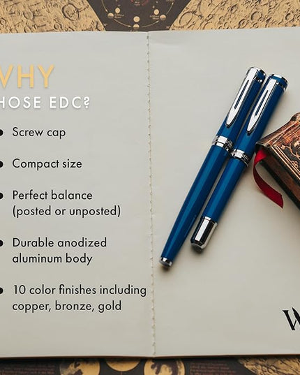 Wordsworth and Black Fountain Pen Mini EDC: Luxury Blue Heavy Pocket Pen, Chrome Finish, Medium Nib, 6 Ink Cartridges, Ink Converter, Travel Refillable Writing Pen Gift Set, Men & Women