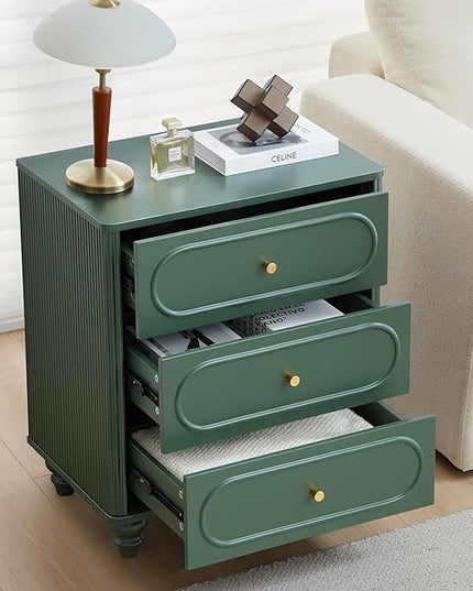 3 Drawer Fluted Dresser for Bedroom Set of 2, Mid Century Modern Chest of Drawers, Wood Storage Small Dresser Organizer for Bedroom Living Room Hallway Closet, Green