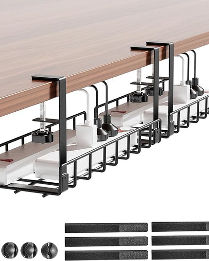 Under Desk Cable Management Tray 2 Pack, Xpatee Wire Management No Screws, Cable Tray with Clamp for Wire Management, Computer Code Rack for Office, Home - No Damage to Desk Black