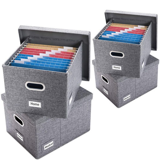 PRANDOM File Organizer Box - Set of 4 Collapsible Decorative Linen Filing Storage Hanging File Folders with Lids Office Cabinet Letter/Legal Size Grey 17.1x14x11.1 inch