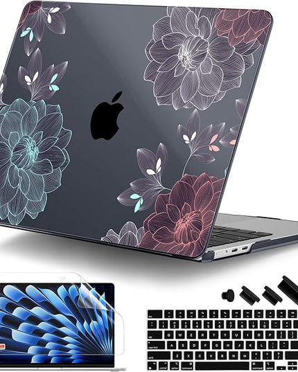 DONGKE for M4 MacBook Air 13.6 Inch Case 2025 2024 2023 2022 Model A3240 A3113 A2681 M3 M2 Chip, Plastic Hard Shell Case Cover with Touch ID for MacBook Air 13 Inch M4 - Dahlia Flowers