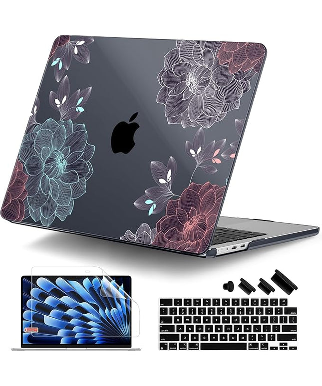 DONGKE for M4 MacBook Air 13.6 Inch Case 2025 2024 2023 2022 Model A3240 A3113 A2681 M3 M2 Chip, Plastic Hard Shell Case Cover with Touch ID for MacBook Air 13 Inch M4 - Dahlia Flowers