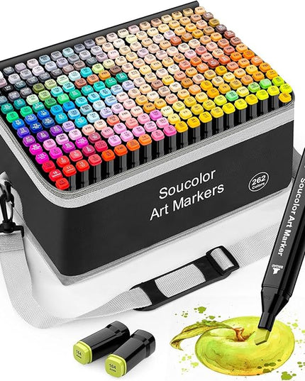 Soucolor Alcohol Markers 262 Colors with Case & Holders, Dual Tips Chisel & Fine Art Markers for Adult Coloring Kids Drawing, Artist Markers Art Supplies for Blending Sketching