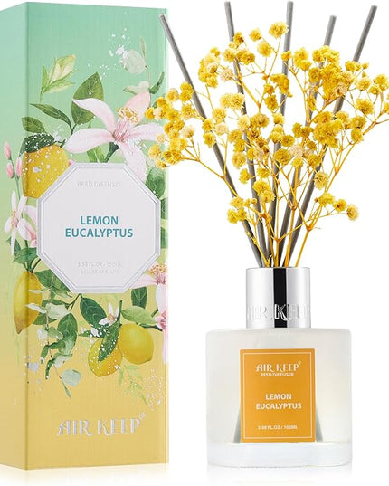 Airkeep Reed Diffuser Set,3.38 fl oz (100 ml) - Lemon Eucalyptus Oil Diffusers with 8 Reed Sticks, Home Fragrance Reed Diffuser for Bathroom Shelf Decor