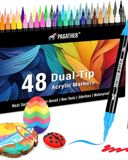 48 Colors Acrylic Paint Markers, Dual Tip with Fine Tip and Brush Tip Pens for Stone, Wood, Calligraphy, Canvas, Ceramic, Metal, Glass, Rock Painting, DIY Crafts