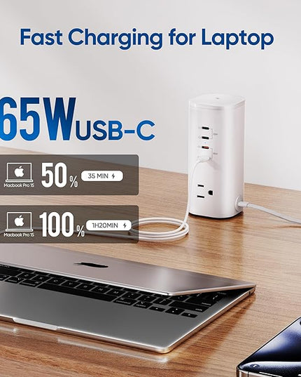 Power Strip Tower Surge Protector, TenTrend Flat Plug Extension Cord with 3AC Outlets & 8 USB Ports(4 USB-C), 115W Fast Charging Station for Home, Office Supplies, Dorm Room