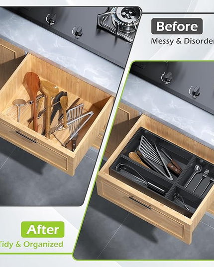 Bathroom Drawer Organizer Trays, Bamboo Drawer Organizer Kitchen Utensils Silverware Organizer, 8 PCS Wood Box Stackable Bins for Makeup, Office Desk, Junk Drawer (Black)