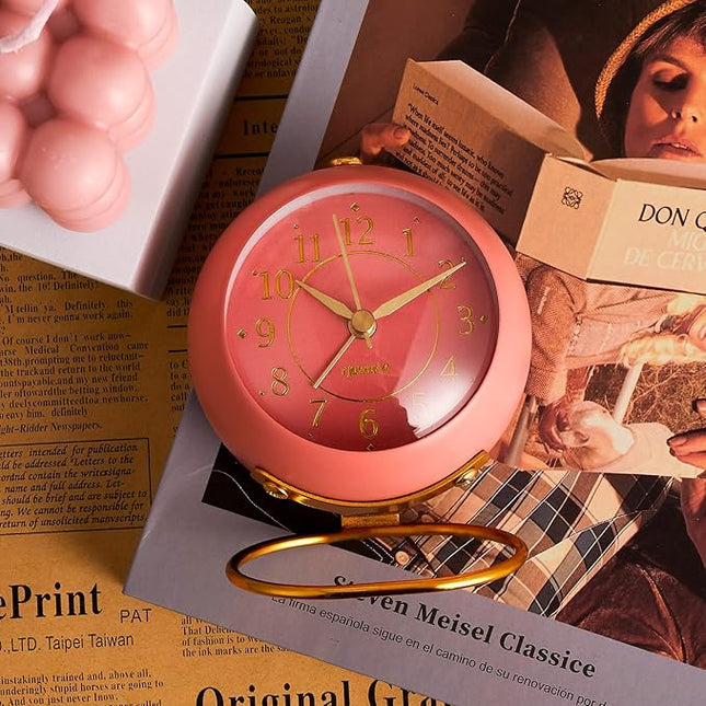rjuwurv Metal Desk Alarm Clock, Retro Bedroom Table Vintage Analog Alarm Clock, Silent Non-Ticking Gold Clock, Bedside Décor(Sweet Pink)