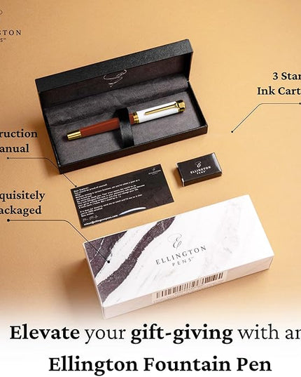 Ellington Pens Luxury Fountain Pen Set - Smooth Fine Nib - Includes 3 Ink Cartridges, Refillable Ink Converter, Gift Box - Fountain Pens For Writing, Calligraphy, Journaling, Sketching (Ivory Suede)