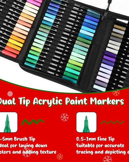 72 Colors Acrylic Paint Markers, Dual Tip with Fine Tip and Brush Tip Pens for Stone, Wood, Calligraphy, Canvas, Ceramic, Metal, Glass, Rock Painting, DIY Crafts Art Supplies Kit