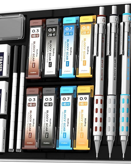 Nicpro 4 Pack Blocky Gear 0.3, 0.5, 0.7, 0.9 mm Metal Mechanical Pencils Set with Case, Lead Drafting Pencil with 8 Tube Lead Refills(HB 2B), Erasers, Eraser Refills for Art Writing Sketching Drawing