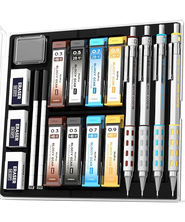 Nicpro 4 Pack Blocky Gear 0.3, 0.5, 0.7, 0.9 mm Metal Mechanical Pencils Set with Case, Lead Drafting Pencil with 8 Tube Lead Refills(HB 2B), Erasers, Eraser Refills for Art Writing Sketching Drawing