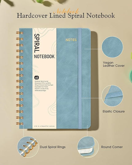 Graph Spiral Journal Notebook, A5 Hardcover Spiral Journals for Women Men, 100 GSM Graph Paper Notebooks, 150 Pages Spiral Bound Grid Notebook for Writing Note Taking Work 5.75" x 8.38", Misty Blue