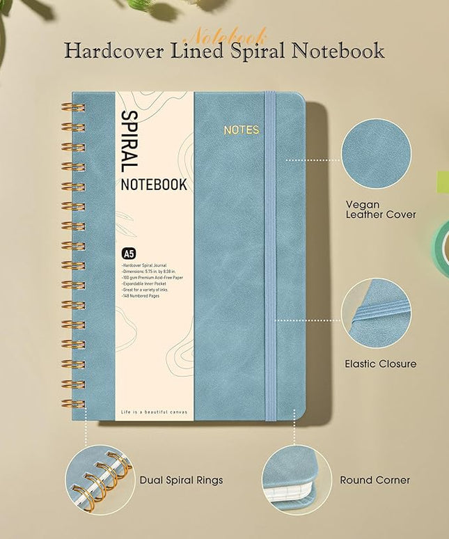 Dotted Spiral Journal Notebook, A5 Hardcover Spiral Journals for Women Men, 100 GSM Dot Grid Paper Notebooks, 150 Pages Spiral Bullet Dotted Notebook for Writing Note Taking 5.75" x 8.38", Misty Blue