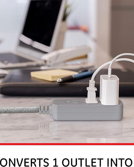 GE 3-Outlet Power Strip Mini Extension Cord with Multiple Outlets 5 Inch Braided Short Cord Extension Cord Grounded Flat Plug Extension Cord ETL Listed Gray 53199