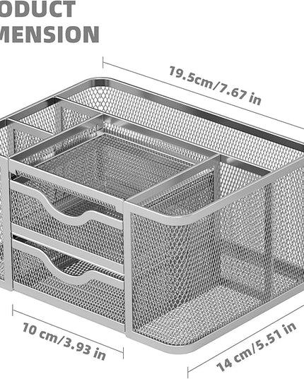 Marbrasse Mesh Desk Organizer, Pen Organizer with 2 Drawer, Multi-Functional Pencil Holder, Desk Organizers and Accessories with 5 Compartments + Drawer for Office Art Supplies (Silver)