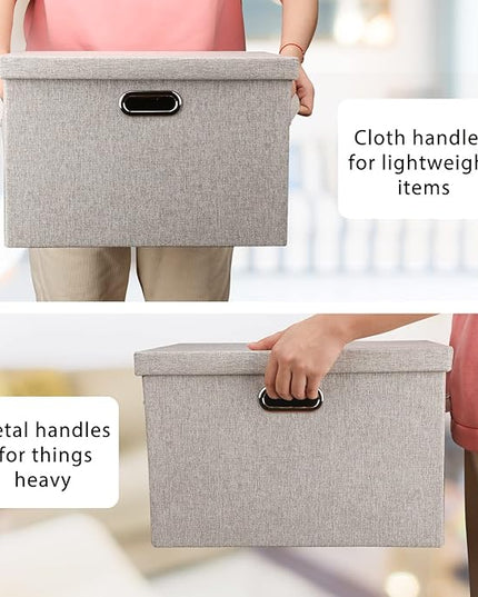 Large Quart Collapsible Stackable Storage Bins with Lids, 3 Packs Beige Linen Fabric Closet Boxes with Lids, Storage Cube Baskets Container Organizers for Bedroom Office(16.6 x 11.7 x 10.8)