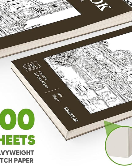 Classroom Must Haves Supplies for Teacher Student, Soucolor 9" x 12" Sketch Book 100 Sheets, Back to School Supplies, Art Sketchbook, Acid Free (68lb/100gsm) Artist Drawing Book Painting Sketching Pad