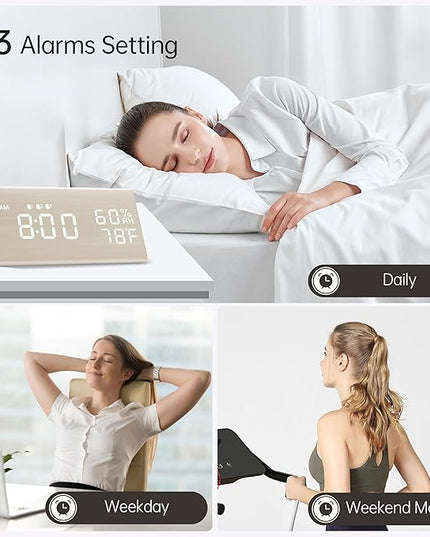 Digital Alarm Clock, with Wooden Electronic LED Time Display, 3 Alarm Settings, Humidity & Temperature Detect, Wood Made Electric Clocks for Bedroom, Bedside (White)