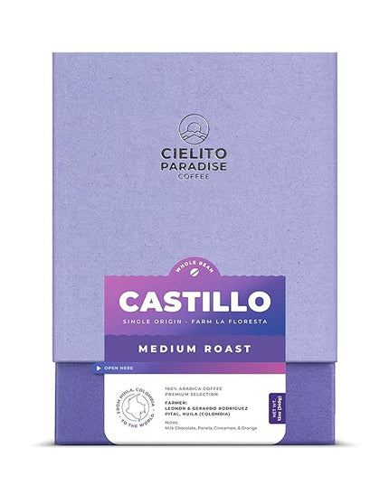 Cielito Paradise Castillo Coffee - Medium Roast Whole Bean from Huila Colombia, Silky with Milk Chocolate, Panela, Cinnamon & Orange, 12oz