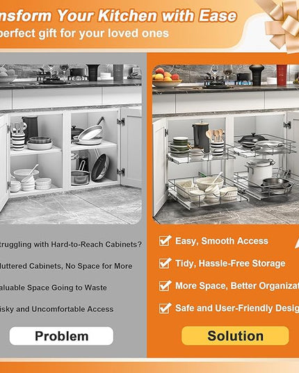 ALINE FURNITURE 2-Tier Pull Out Cabinet Organizer - 11" W x 22" D Soft Close Sliding Shelves with Shelf Liners - Pullout Drawers for Kitchen Cabinets, Pantry, Bathroom, Heavy Duty Steel Wire Baskets