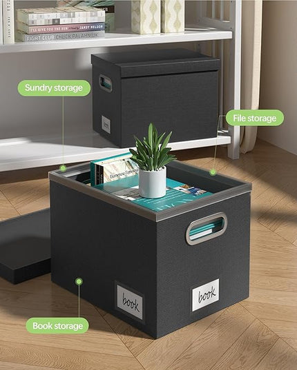 File Organizer Box File Boxes for Hanging Files with Lid Set of 3 Decorative Hanging Folders Letter Size Organizer with One-Piece Plastic Frame Slides (13.2 * 10.1 * 10.1in(3Pack), Black)