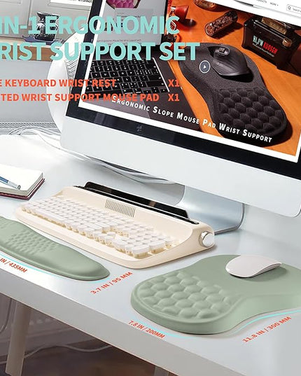 2-in-1 Ergonomic Set, Wave Rise Keyboard Wrist Rest and Massage Bulge Slope Mouse Pad Wrist Support, Cushion Memory Foam Integrated to Relieve Wrist Pain, Light Green