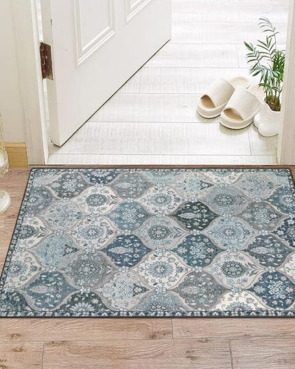 Lahome Moroccan Trellis Front Door Mat Indoor Entrance, 2x3 Rugs for Entryway Non-Slip Washable Indoor Door Mat, Oriental Accent Small Rug for Kitchen Bedroom Bathroom, Blue
