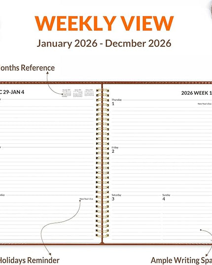 SUNEE 2026 Planner, Weekly and Monthly Calendar Planner 9"x11.2"- 12 Month (January 2026 - December 2026), Vegan Leather Cover, Pocket, Bookmark, Notes, Monthly Tab, Brown