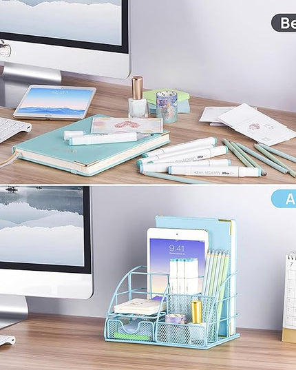 Blue Office Desk Accessories Supplies, 10pcs Desk Organizers and Accessories with Tape Dispenser and Stapler,Staples,Scissor,Ruler,Sticky Tabs,Tape,Ballpoint Pen,Clips Set