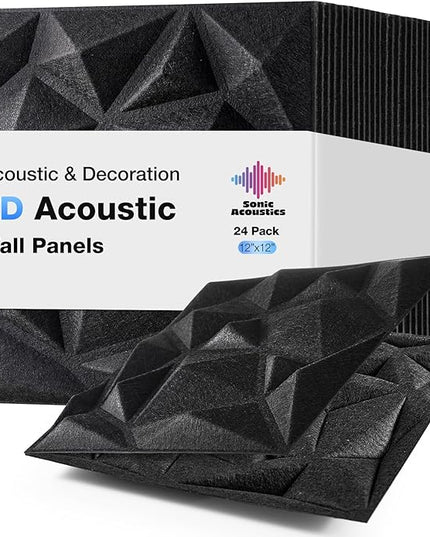 Acoustic 3D Wall Panels,24 Pack Sound Proof Felt Panels for Interior Wall Décor, Hollow Sound Absorbing Panel for Studio, Living Room, Home, Hotel, 12''x12'' Cover 24 sq ft (Black, 24 Pack)