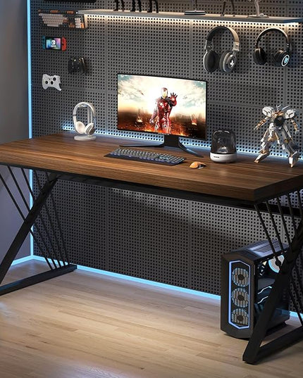 FOLUBAN Office Desk, Modern Wood and Metal Home Desk, Writing Study Work Desks for Bedroom, Industrial PC Gaming Table for Living Room, Walnut, 60 Inch