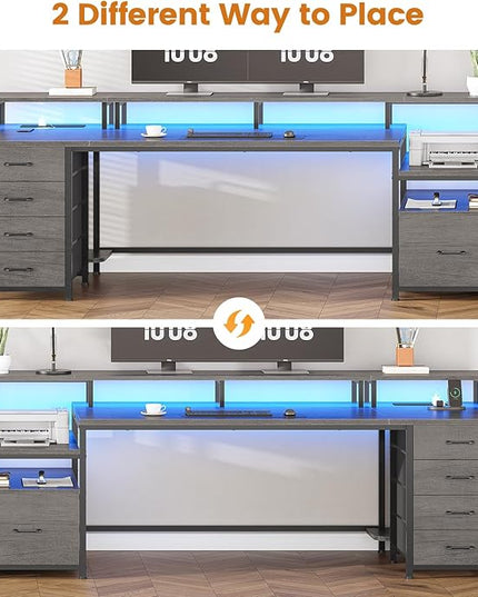 SEDETA 75'' Computer Desk with 5 Drawer, Power Outlet & Led Lights, Home Office Desk with File Drawer, Storage Shelves, Printer Cabinet and Monitor Shelf, 23.6" W Large Desktop Gaming Desk, Grey