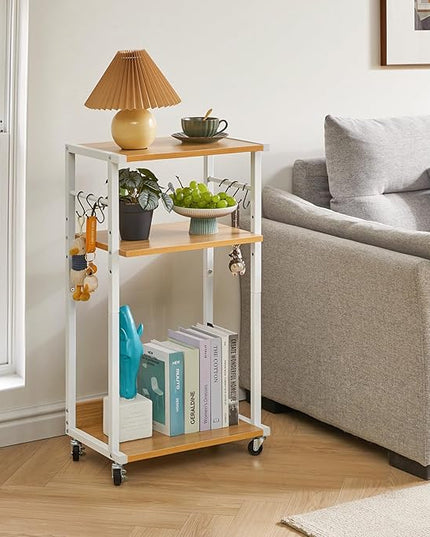 YMYNY Mobile Printer Stand, 3-Tier Printer Cart with Adjustable Storage Shelf and 6 S-Hooks, Tall Printer Table for Home Office, for Computer Tower Stand, Shredder, CPU Stand, Natural, UHPT002N