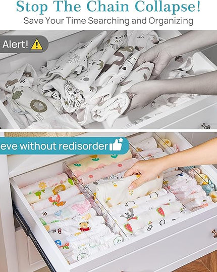 Vtopmart 8 Pack Drawer Dividers for Clothes, 4" High 10.2"-16.5" Adjustable Expandable Dresser Drawer Organizer, Clear Plastic Separators for Dresser, Baby Clothing, Underwear, Cosmetic, Toiletries