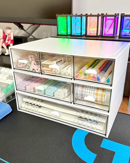 Desk Organizer with 6 Drawers, Makeup Organizer, Plastic Cosmetic Organizer, Bathroom Organization Boxes, Desktop Storage Box(White)