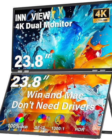 InnoView 23.8" Dual Portable Monitor 100% sRGB 3840x2160P 4K 315°Adjustable Dual Stacked Foldable Monitor Built-in Speakers Screen Extender with HDMI/USB-C/DP for Laptop Windows Mac