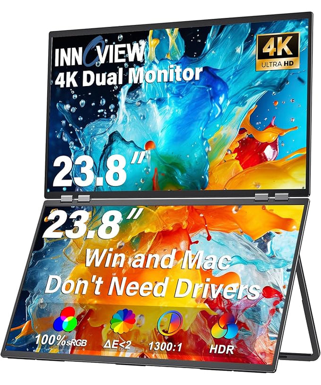 InnoView 23.8" Dual Portable Monitor 100% sRGB 3840x2160P 4K 315°Adjustable Dual Stacked Foldable Monitor Built-in Speakers Screen Extender with HDMI/USB-C/DP for Laptop Windows Mac