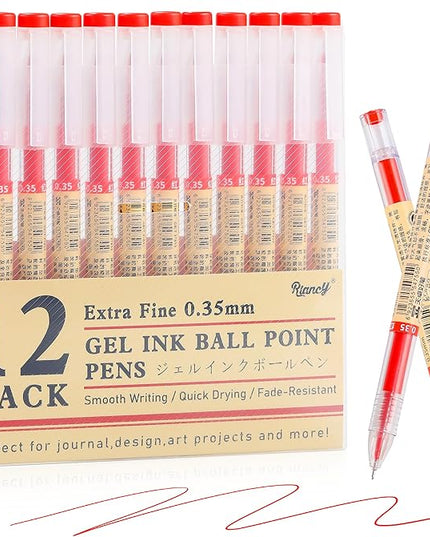 RIANCY 12 Pack Red Ink Japanese Style Stationery Gel Pens, 0.35mm Extra Fine Point Tip, Quick Dry No Smear No Bleed Pen, Smooth Writing Pens for Journaling Note Taking Office School Supplies