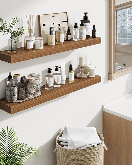 Fun Memories Floating Shelves for Room Wall, 36 Inch Long Shelf Set of 2， Hanging Wood Shelves for Storage & Display, Walnut