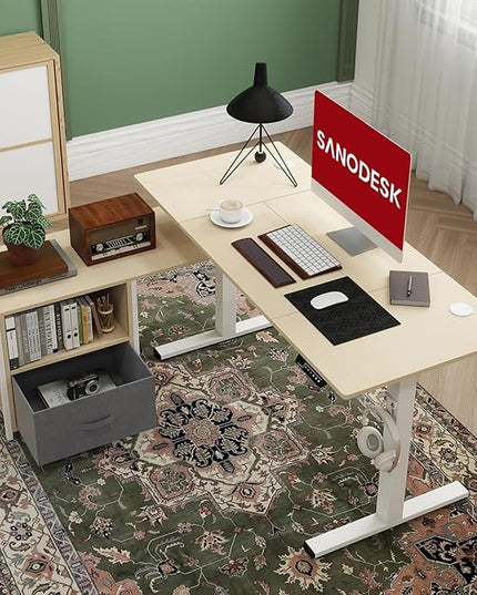 SANODESK 55'' L Shaped Standing Desk with 2-Drawer File Cabinet, Electric Height Adjustable Stand up Desk w/USB Charge Ports, Home Office Modern Wood Computer Desk with Shelves,White Frame/Maple Top